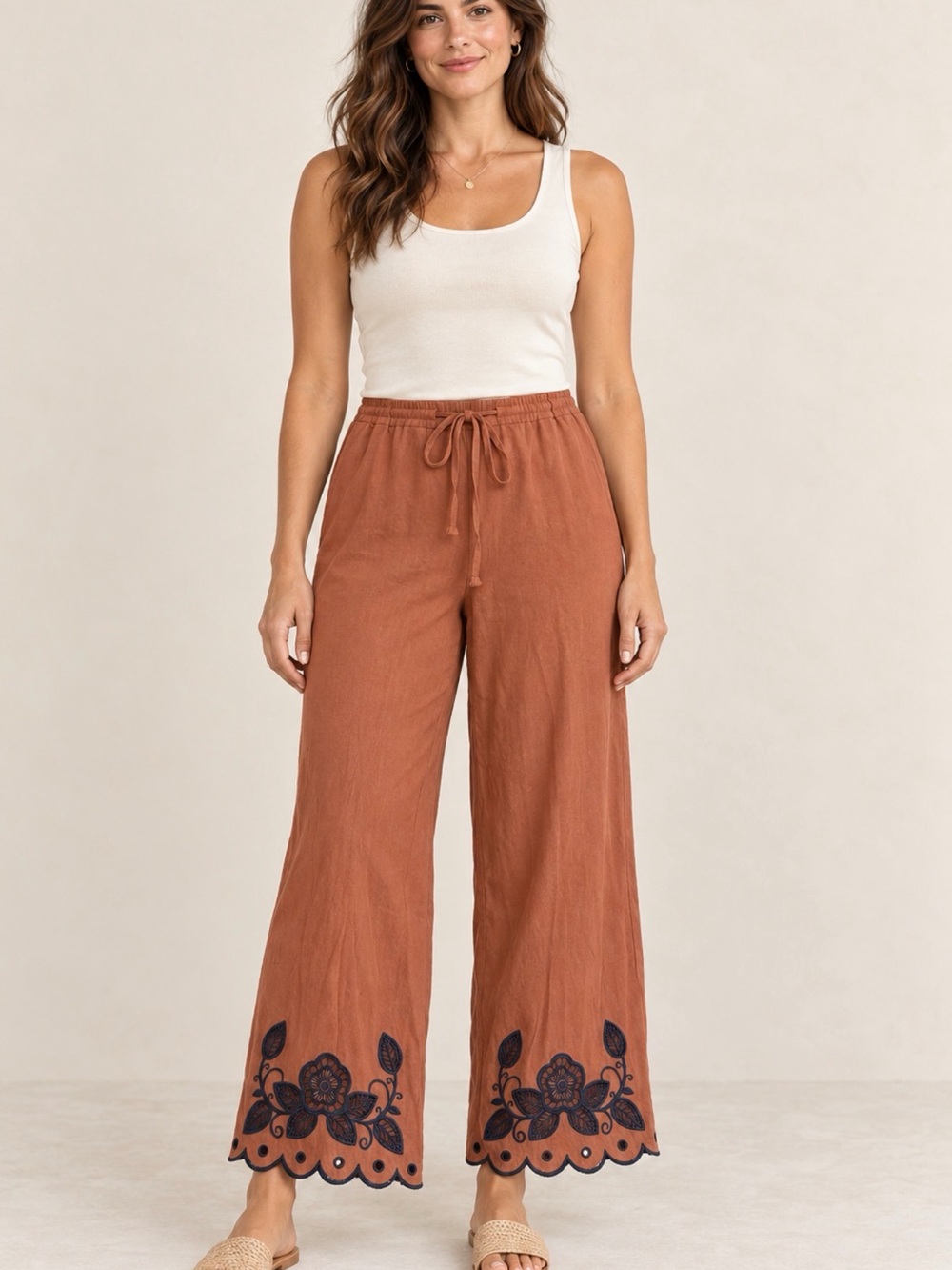 Ellen Tracy Rust Wide-Leg Pants with Navy Embroidered Hem